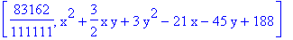 [83162/111111, x^2+3/2*x*y+3*y^2-21*x-45*y+188]